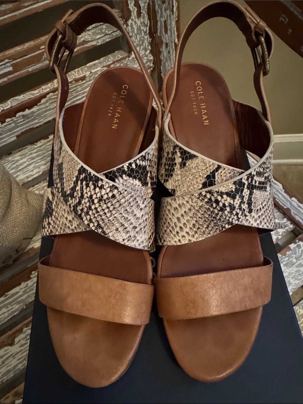 Cole Haan Tan Leather Sandals with Snake-Print Straps